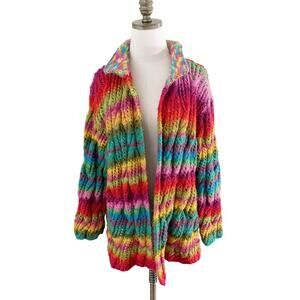 Handmade Rainbow Cable Knit Cardigan Open Front Collar VGUC One Size Fits Most